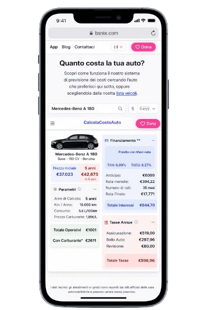 Vista mobile di CalcolaCostoAuto