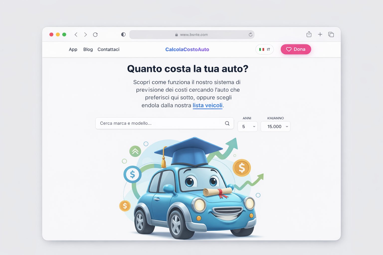Dashboard CalcolaCostoAuto su desktop